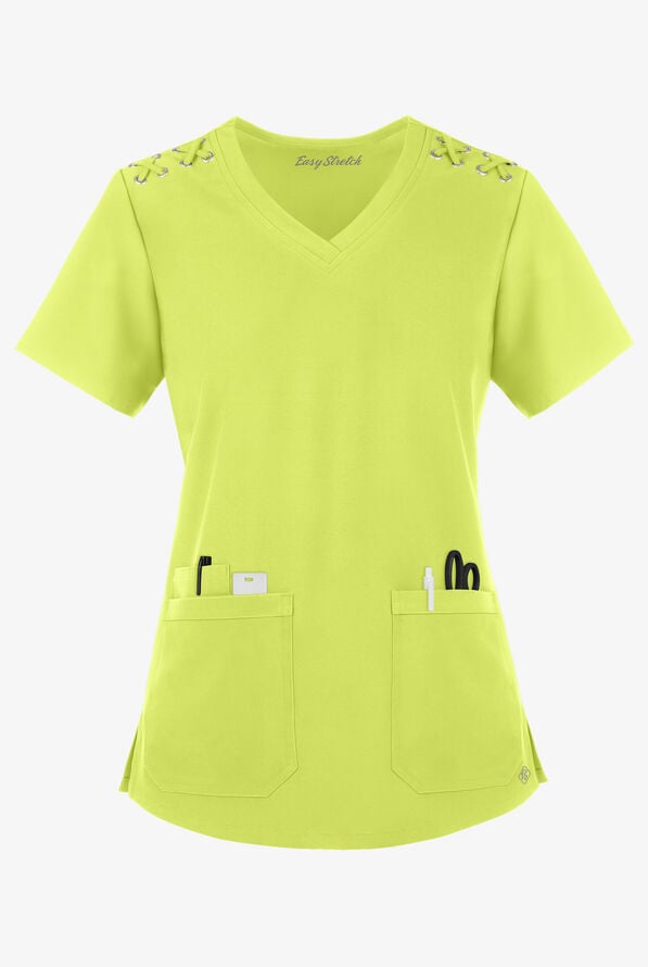 Easy STRETCH Leila Women's 3-Pocket Lace Up Grommet Scrub Top - Fresh Lime - 1