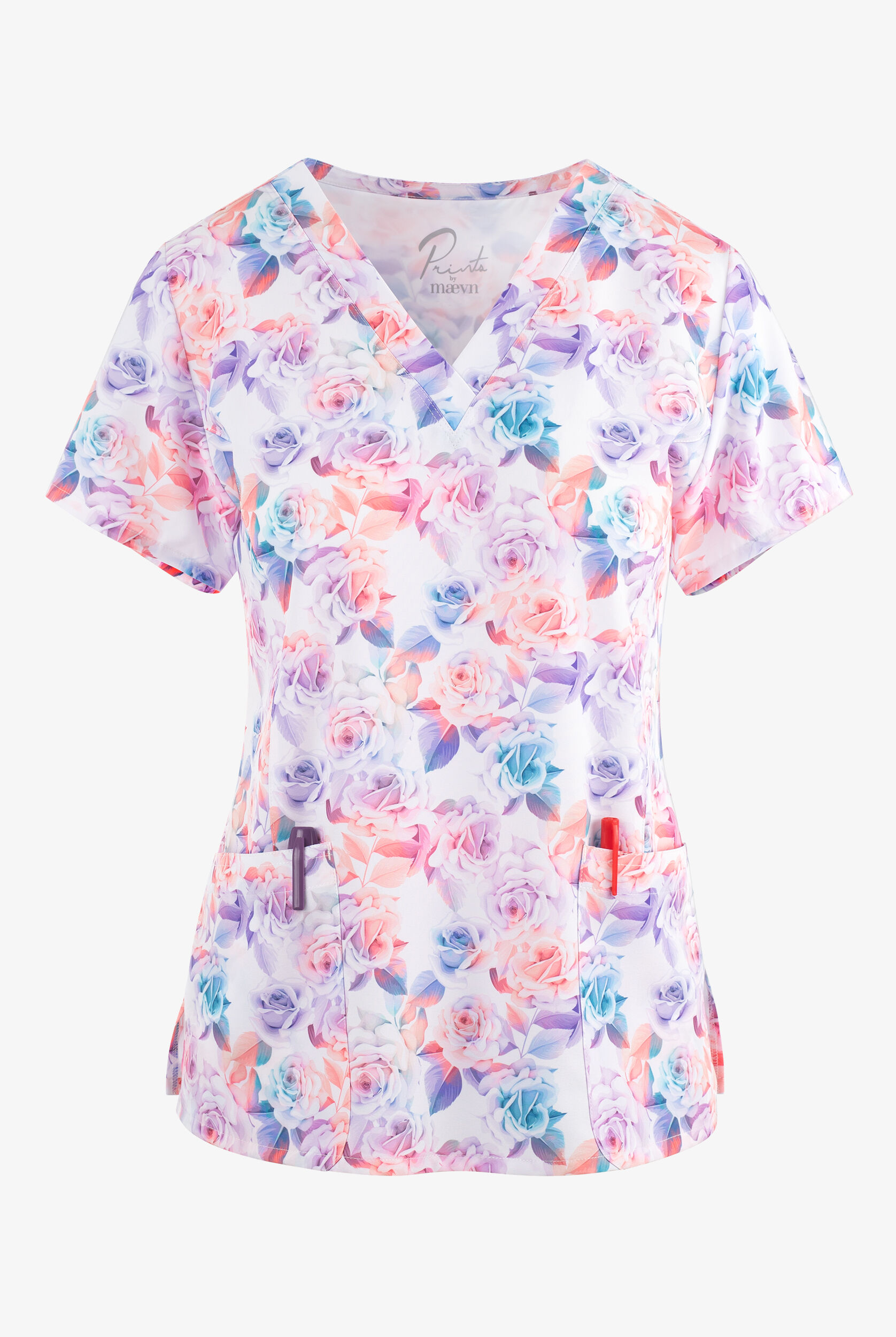 Maevn Tender Rose Floral Women's 3-Pocket STRETCH V-Neck Print Scrub ...