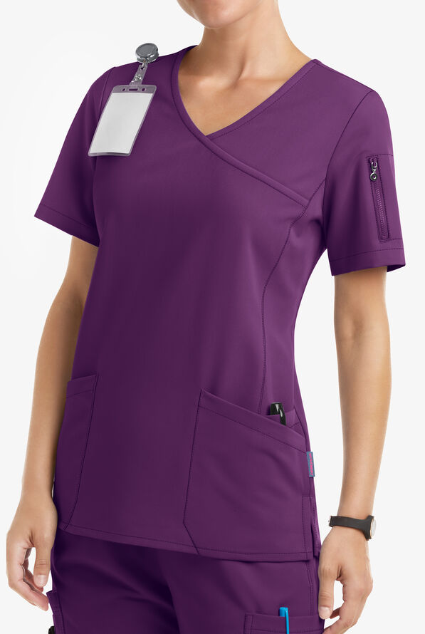 MOVEMENT by Butter-Soft Capella Women's 5-Pocket Faux Wrap STRETCH Scrub Top - Eggplant - 2