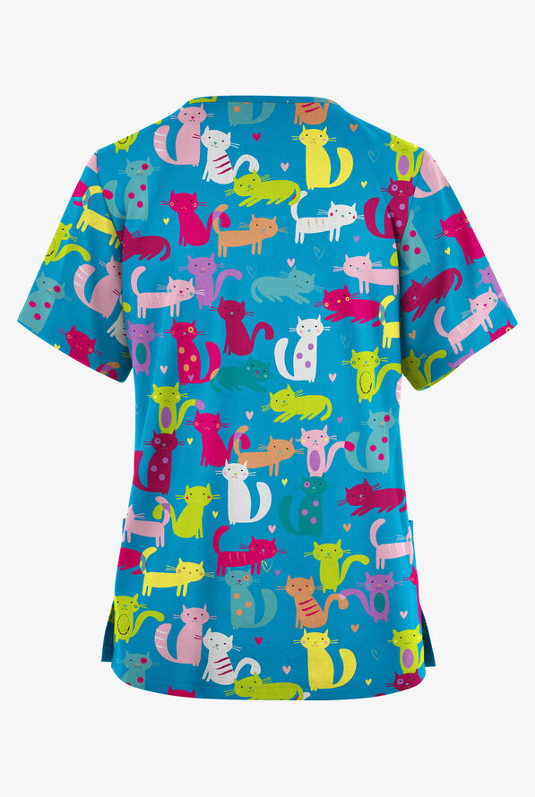 Blusa m&eacute;dica estampada Butter-Soft Originals Meow Meow Turquoise con cuello en V y 2 bolsillos para mujer - null - 2