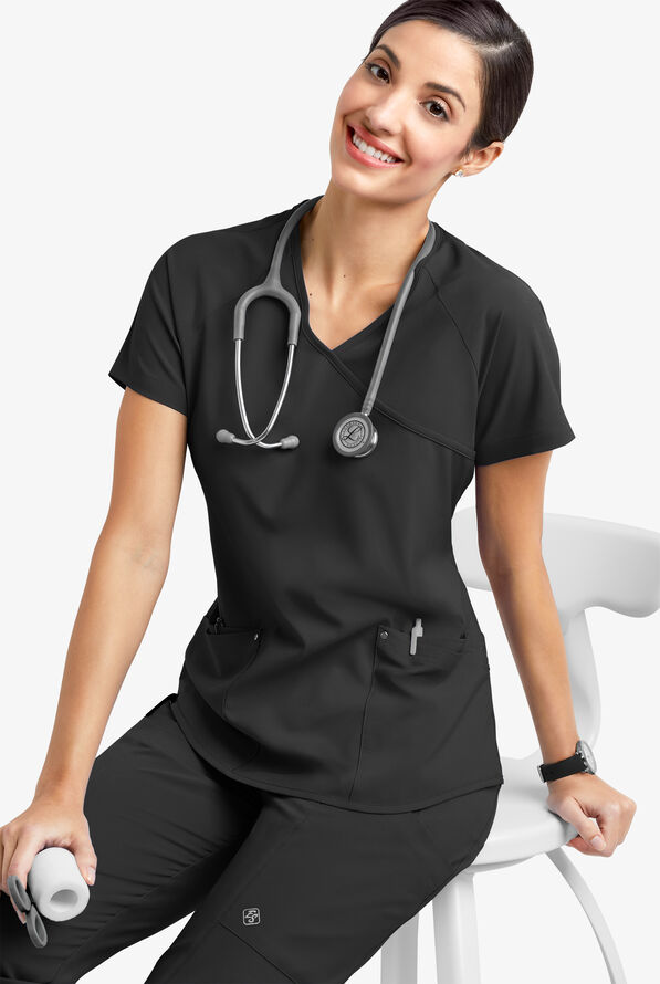 Blusa m&eacute;dica Easy STRETCH Cara con mangas ragl&aacute;n y 4 bolsillos para mujer - Onyx Black - 6