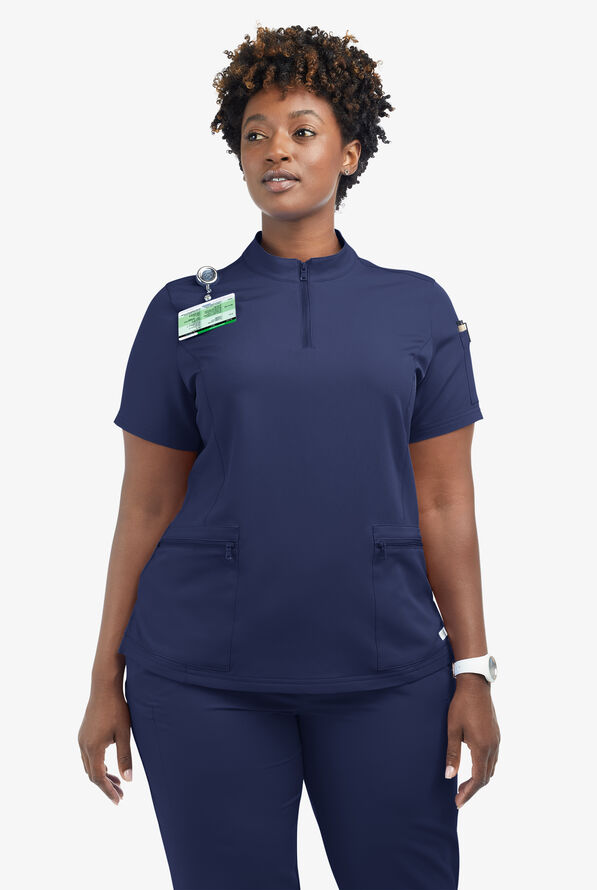 Butter-Soft Women's 5-Pocket Zipper Neck Short Sleeve Scrub Top **Slightly IRREGULAR** - Navy - 5