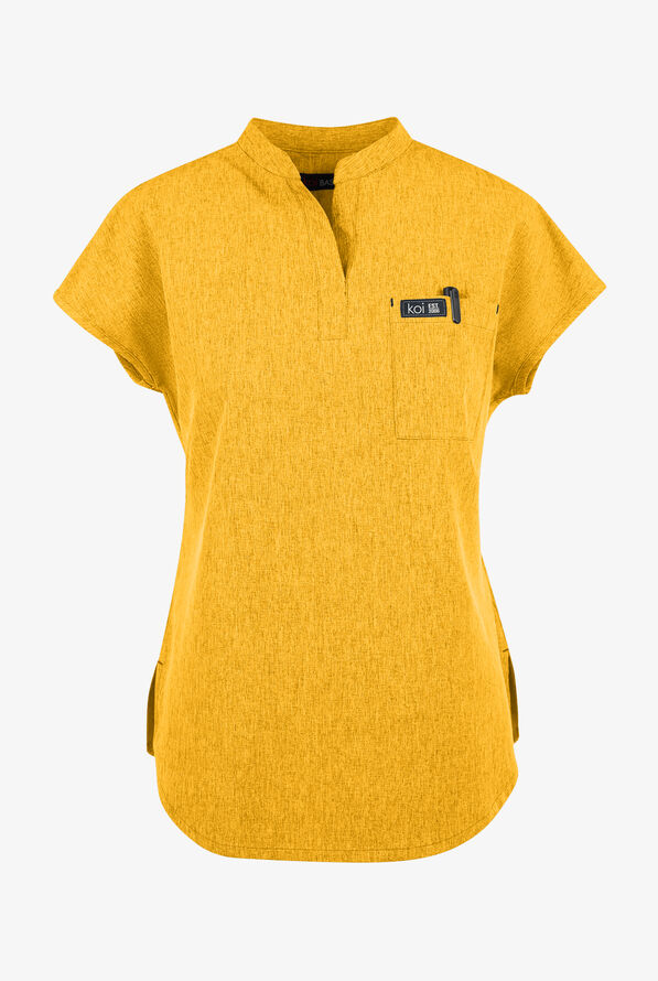 koi Basics Ari Women's 1-Pocket STRETCH Dolman Sleeve Mandarin Collar Scrub Top - Heather Mango - 1