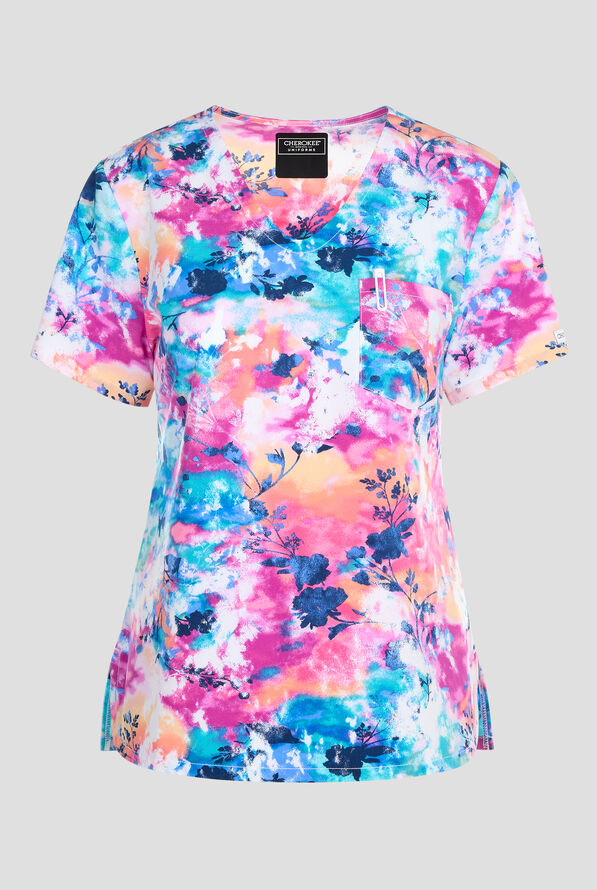 Cherokee Botanical Tie Dye Floral Women's 1-Pocket STRETCH V-Neck Print Scrub Top - null - 1