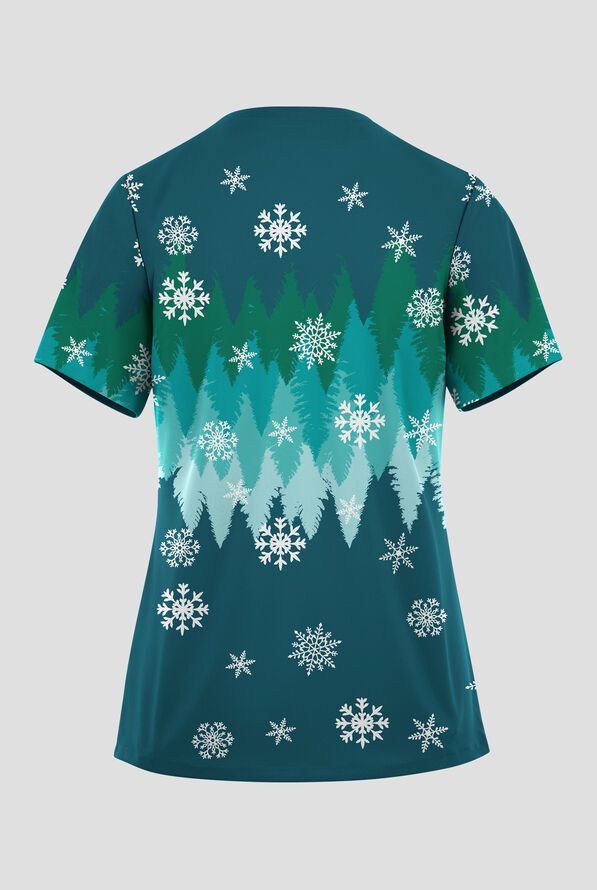 Butter-soft STRETCH Drifting Snowflakes Caribbean Blue Women's 2-Pocket V-Neck Print Scrub Top - null - 2