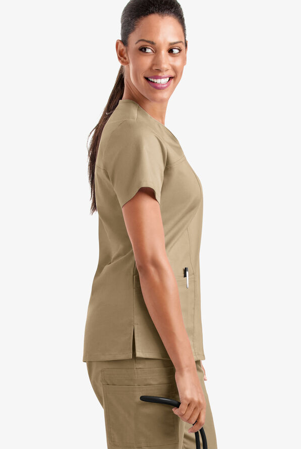 Butter-Soft STRETCH Women's 4-Pocket Sweetheart Neck Scrub Top - Golden Sand - 4
