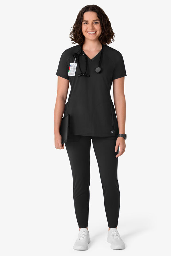 Wink Renew Knit Women's 4-Pocket STRETCH Rib-Knit Side Panel Raglan Sleeve V-Neck Scrub Top - Black - 4