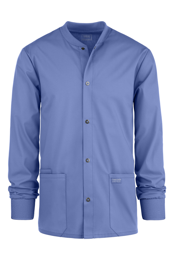 Cherokee Workwear Professionals Men's 3-Pocket STRETCH Snap Front Scrub Jacket - Ceil Blue - 1