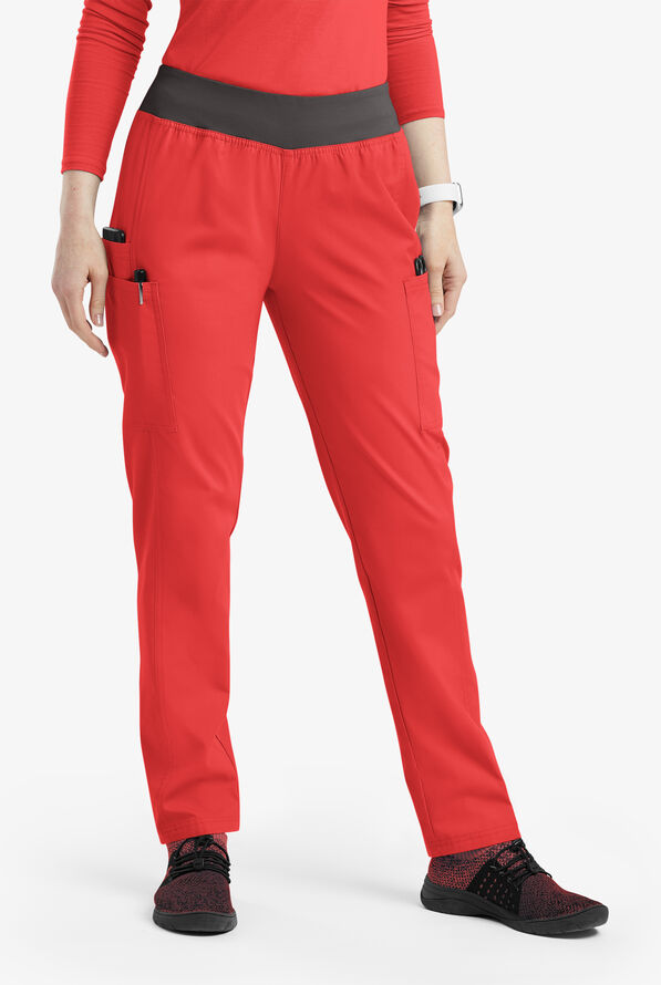 Butter-Soft Originals Women's 5-Pocket Mid Rise Tapered Leg Yoga-inspired Scrub Pants - Radiant Red/Pewter - 1