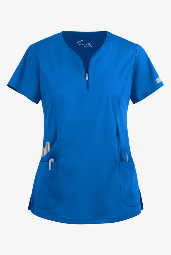 Butter-Soft STRETCH Women's 4-Pocket Curved Neck Zipper Scrub Top - Royal - 1