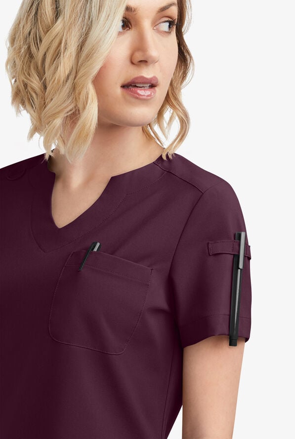 Easy STRETCH Nikki Women's 1-Pocket Scallop Neck Tuck-In Scrub Top - Dark Mulberry - 3