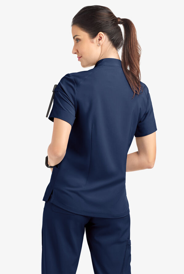 Easy STRETCH Jen Women's 4-Pocket Zip-Neck Short Sleeve Scrub Top - Navy - 4