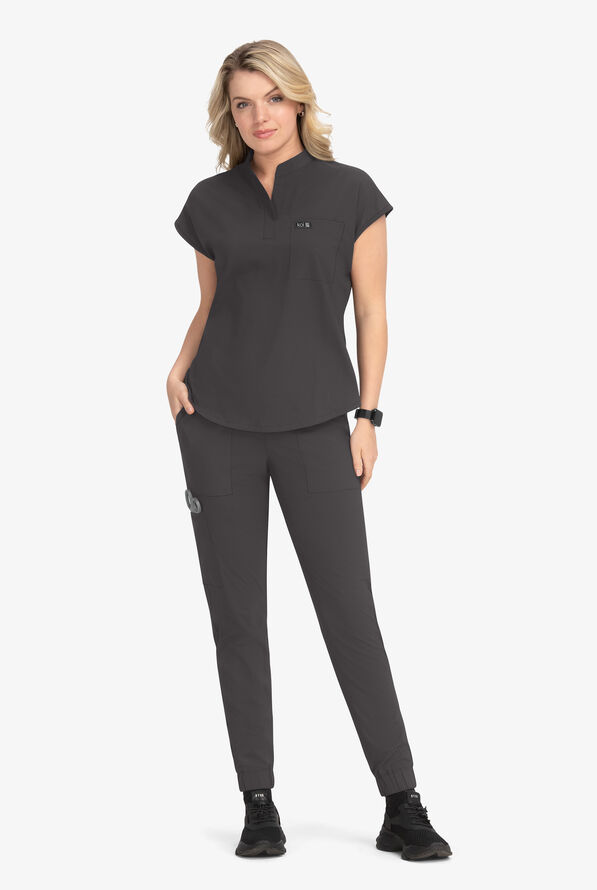 koi Basics Ari Women's 1-Pocket STRETCH Dolman Sleeve Mandarin Collar Scrub Top - Charcoal - 4