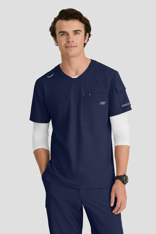 Skechers by Barco Ripstop Station Men's 3-Pocket STRETCH Notched Hem Round Neck Scrub Top - Navy - 2