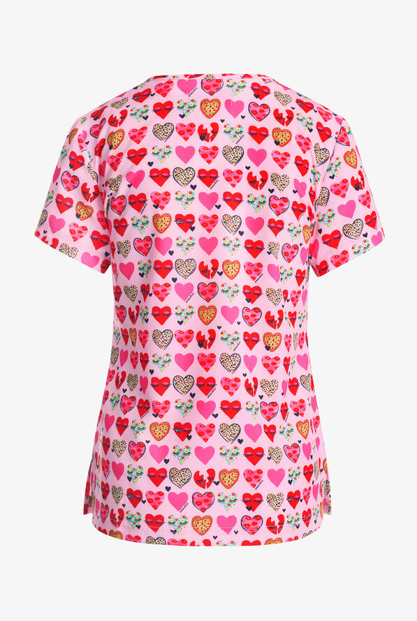 koi Next Gen Wink Love Hearts Women's 2-Pocket STRETCH V-Neck Print Scrub Top - null - 2