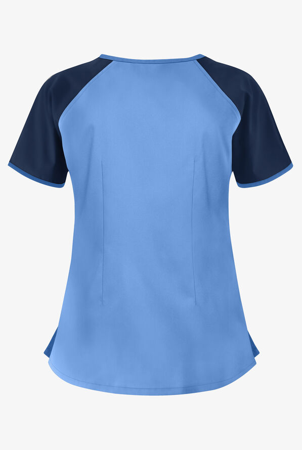 Butter-Soft Core Color Block Women's 2-Pocket Keyhole Scrub Top - Ceil/Navy/Silver - 2