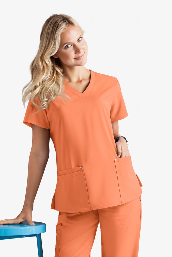Easy STRETCH Lina Mitered Women's 4-Pocket V-Neck Scrub Top - Coral Haze - 2