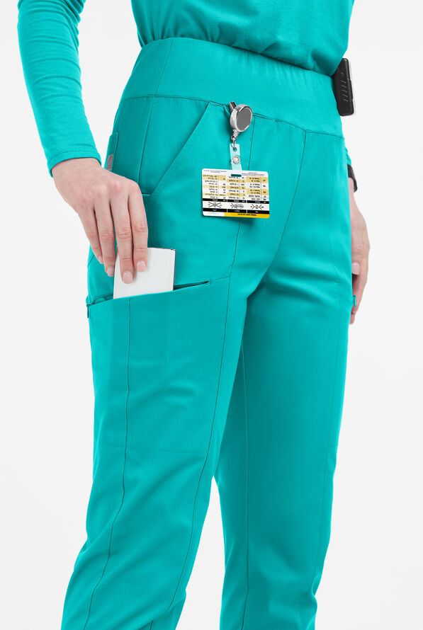 Butter-Soft STRETCH Women's 6-Pocket High Waisted Slim Leg Yoga Scrub Pants - Petite - Bright Teal - 2