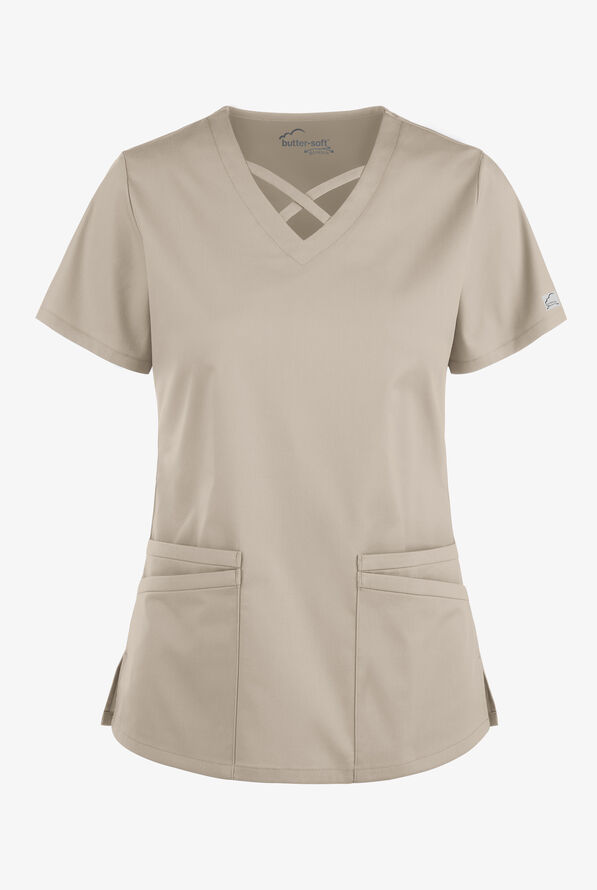 Blusa m&eacute;dica UA Butter-Soft STRETCH con lazos entrecruzados y 4 bolsillos para mujer - Warm Sand - 1