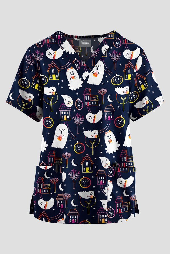 Butter-Soft Originals Free Spirits Navy Women's 2-Pocket V-Neck Print Scrub Top - null - 1