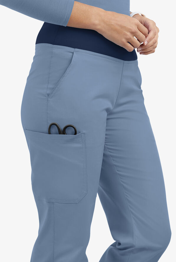 Butter-Soft STRETCH Women's 4-Pocket Knit Waistband Yoga Scrub Pants - Petite - Indigo Batik/Navy - 4