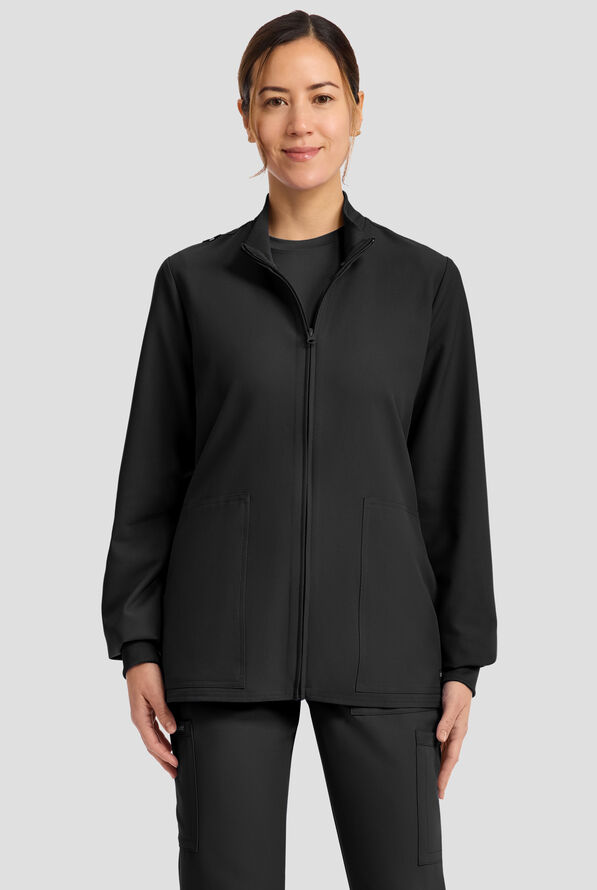 Cherokee Workwear Originals Ultra Women's 2-Pocket Crew Neck Zip Front Scrub Jacket - Black - 2