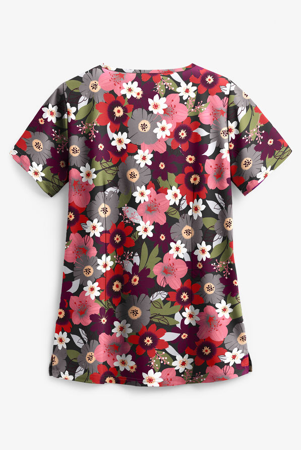 Butter-Soft Botanical Garden Women's 4-Pocket Notch Neck Print Scrub Top **Slightly IRREGULAR** - null - 2