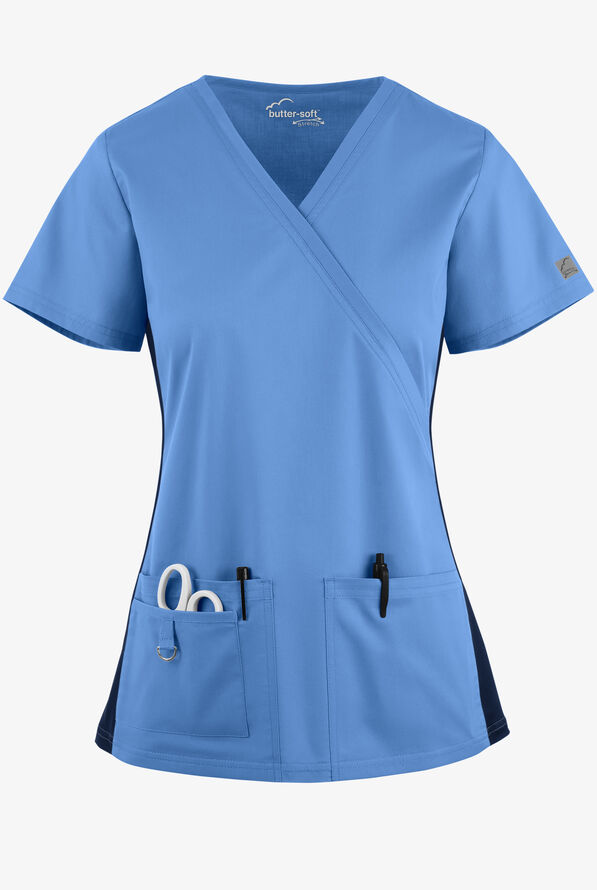 Blusa médica UA Butter-Soft STRETCH con cuello en V y paneles laterales de punto tejido para mujer - Ceil/Navy - 1