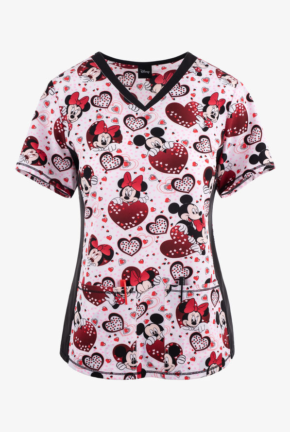 Tooniforms Mickey and Minnie Mouse Hearts To You Women's 2-Pocket STRETCH V-Neck Print Scrub Top - null - 1