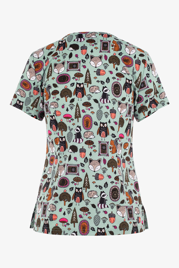 koi Basics Foxy Whimsical Women's 2Pocket STRETCH VNeck Print Scrub
