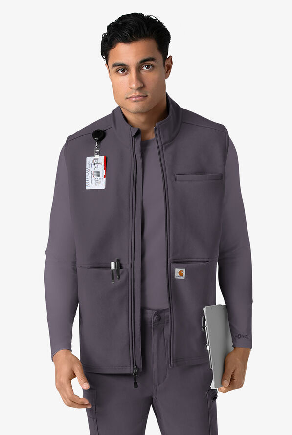 Carhartt Force Rugged Men's 6-Pocket Bonded Fleece Utility Zip Front Scrub Vest - Pewter - 1