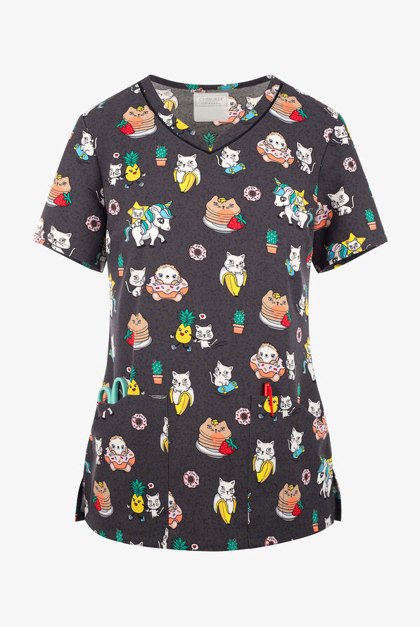 Cherokee Feline Friendly Women's 3-Pocket STRETCH V-Neck Print Scrub Top - null - 1