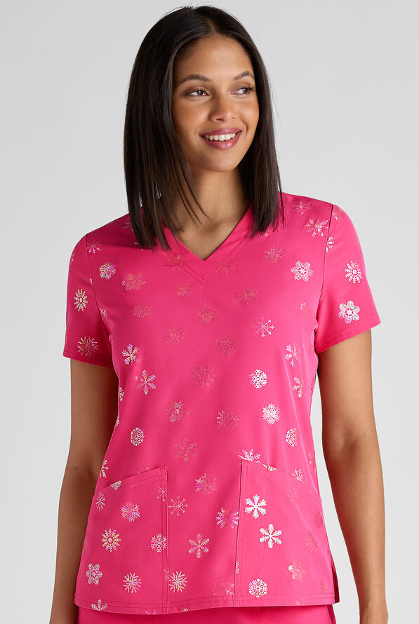 Butter-Soft STRETCH Shimmer Flurries Fuchsia Foil Women's 2-Pocket V-Neck Print Scrub Top - null - 6
