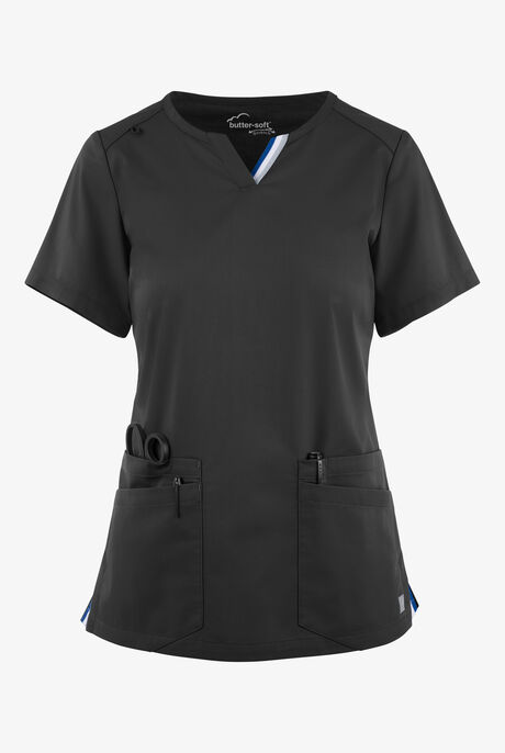 Butter-Soft STRETCH Women's 6-Pocket Short Sleeve Notch Placket with Sport Trim Detail Scrub Top