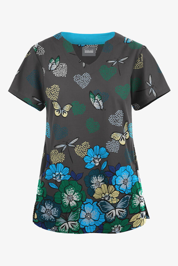 Butter-Soft Originals Butterfly Valley Pewter Women's 2-Pocket Scallop Neck Print Scrub Top - null - 1