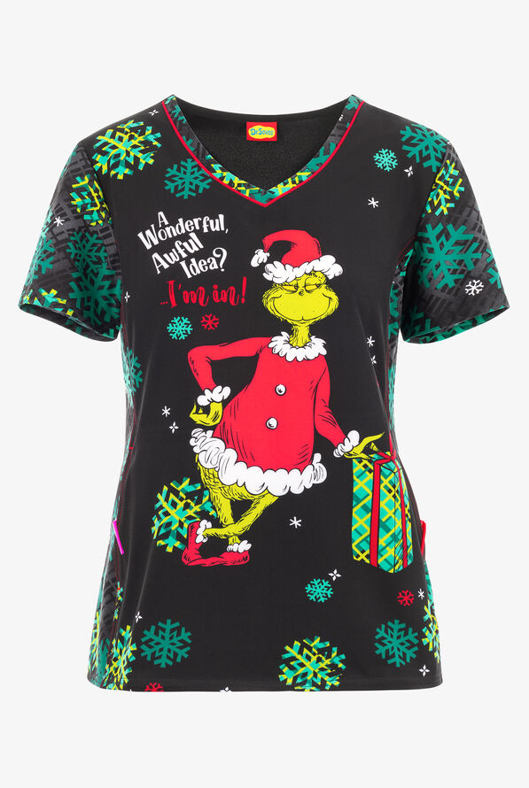 Tooniforms I'm In Christmas Women's 1-Pocket V-Neck STRETCH Print Scrub Top - null - 1