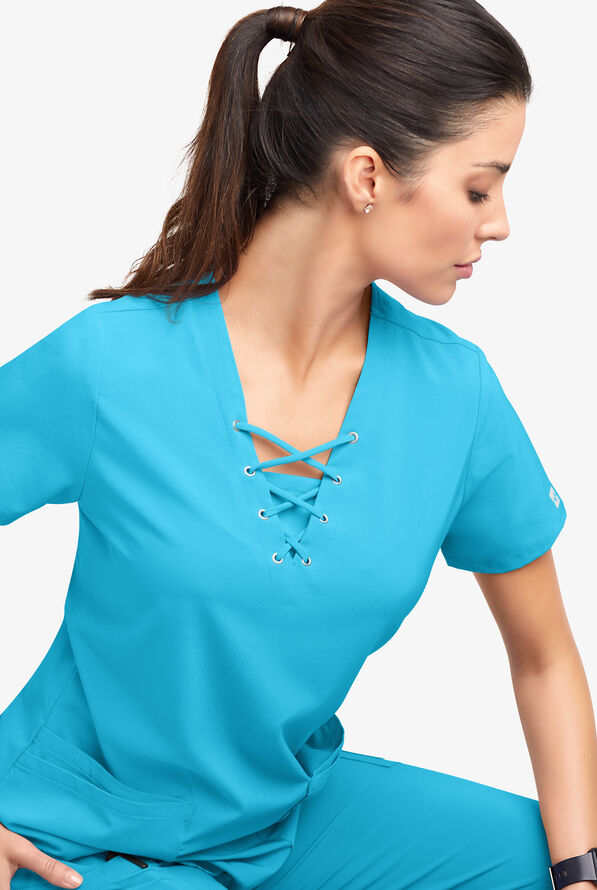 Easy STRETCH Gisele Women's 4-Pocket Lace Up V-Neck Scrub Top - Turquoise - 5