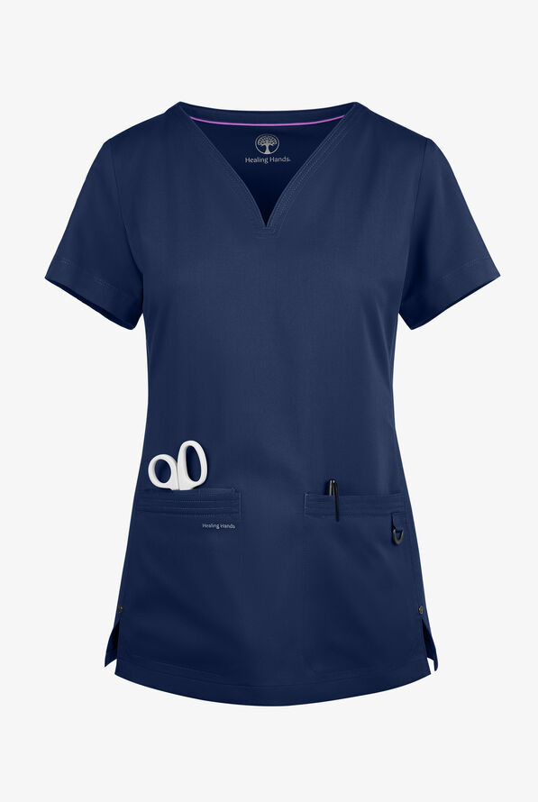 Healing Hands Purple Label Jean Women's 3-Pocket STRETCH Jewel Neck Scrub Top - Navy - 1