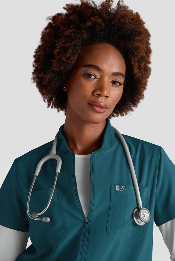 Easy STRETCH Nika Women's Zip Front Scrub Top&ndash; 2-Piece Jumpsuit Top - Caribbean Blue - 3