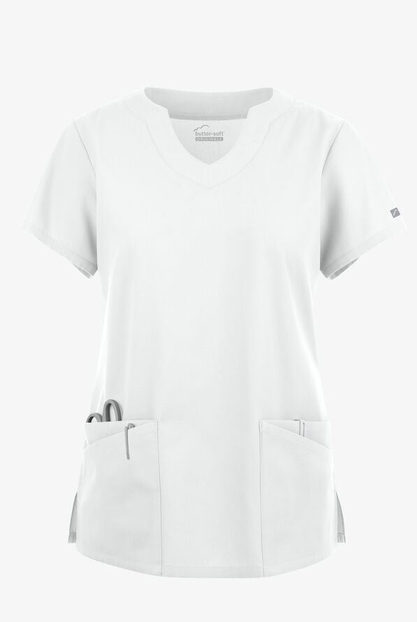 Blusa médica Butter-Soft Originals con cuello festoneado y 6 bolsillos para mujer - White - 1