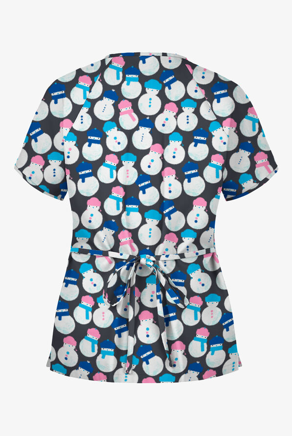Butter-Soft Snowman Party Pewter Women's 2-Pocket Mock Wrap Print Scrub Top - null - 2