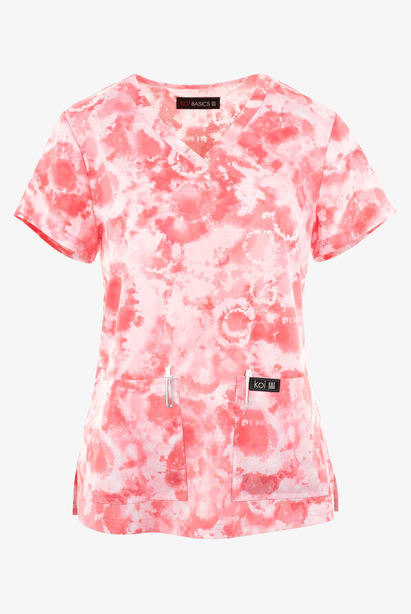 Blusa médica estampada koi Basics Dreamscape Pink Tie Dye STRETCH con cuello en V y 2 bolsillos para mujer - null - 1
