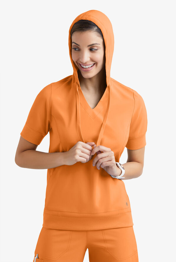 Easy STRETCH True Women's 3-Pocket Short Sleeve Pull-Over Scrub Hoodie - Apricot Crush - 3