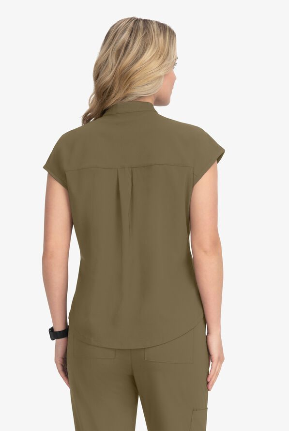 koi Basics Ari Women's 1-Pocket STRETCH Dolman Sleeve Mandarin Collar Scrub Top - Olive - 3