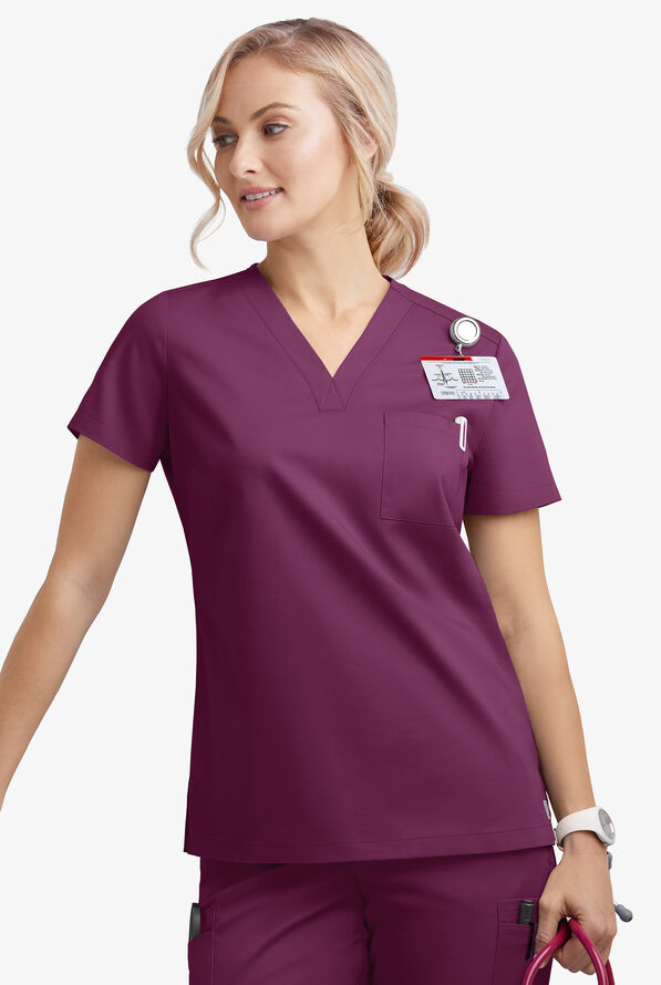 Blusa m&eacute;dica Butter-Soft STRETCH con cuello en V y 2 bolsillos para mujer - Wine - 3