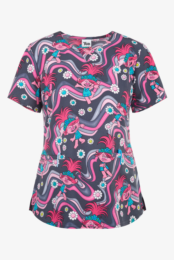 Tooniforms Dreamworks Trollstopia Women's 3-Pocket STRETCH V-Neck Print Scrub Top - null - 1