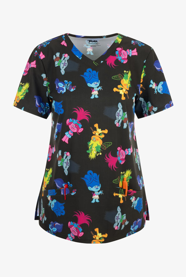 Blusa médica estampada FUNSCRUBS Dancing Trolls STRETCH con cuello en V y 2 bolsillos para mujer - null - 1