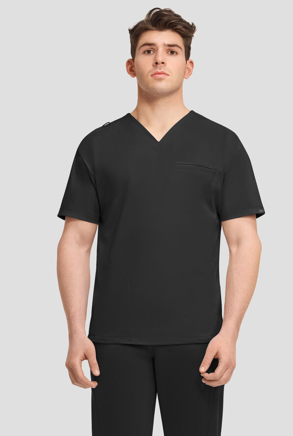 Cherokee Achieve Men's 3-Pocket STRETCH Relaxed V-Neck Knit Scrub Top - Black - 1