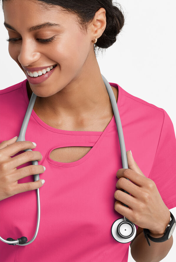 Butter-Soft STRETCH Women's 2-Pocket Asymmetric Keyhole Scrub Top - Fuchsia - 3