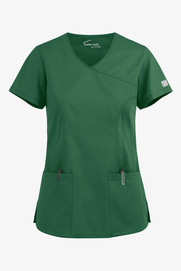 Butter-Soft STRETCH Women's 3-Pocket V-Neck Mock Wrap Scrub Top - Hunter - 1